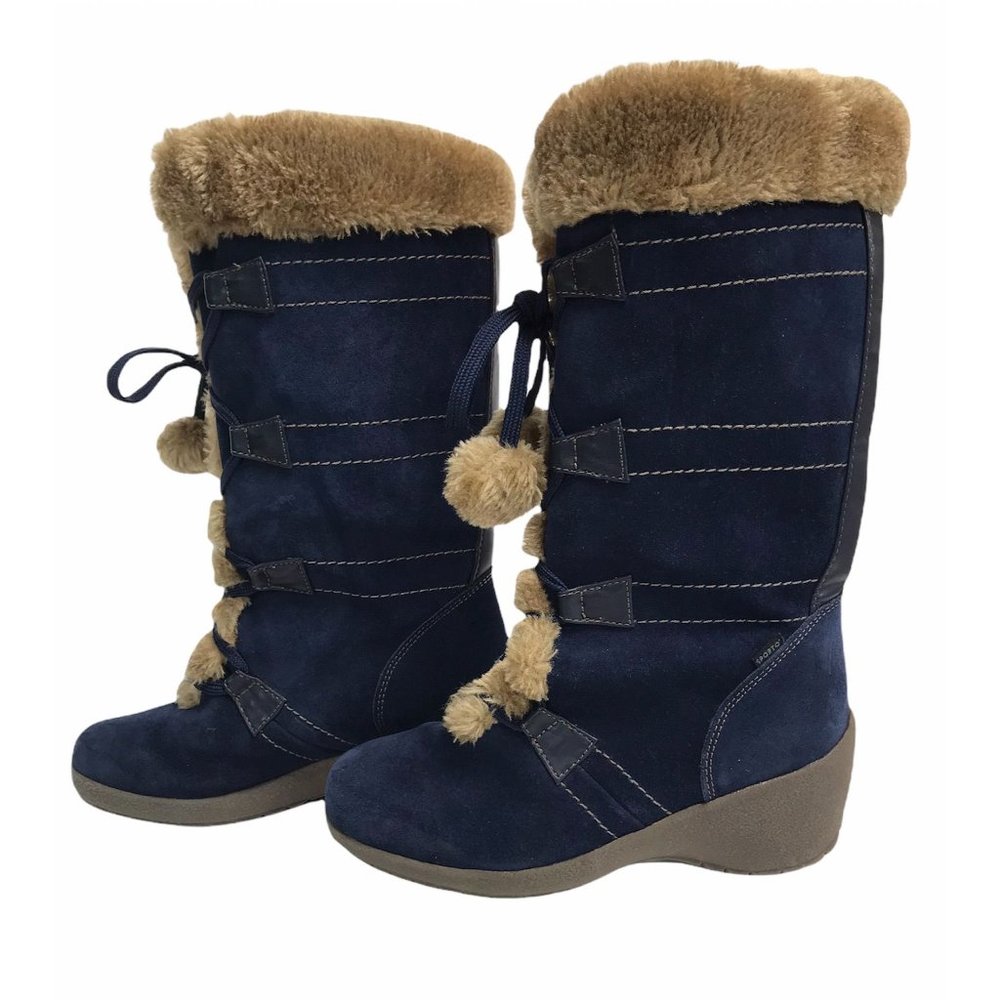 Sporto Waterproof Suede Fur Trim Tall Boots 6.5 Pom Pom Lace Up - Picture 4 of 12